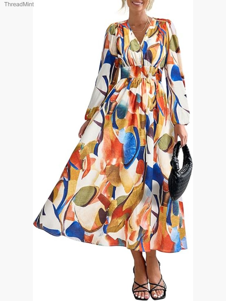 Floral Midi Dress V Neck Long Sleeve Flowy Spring Wedding Guest